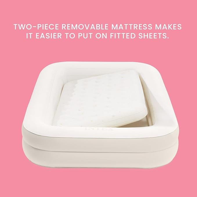 Intex 66811EP Inflatable Kidz Travel Bed Set, Includes Hand Pump and Carry Bag, Removable Mattress, Quick Inflation, Indoor Use, 42in x 66in x 10in, Beige Color with Star Print Frame