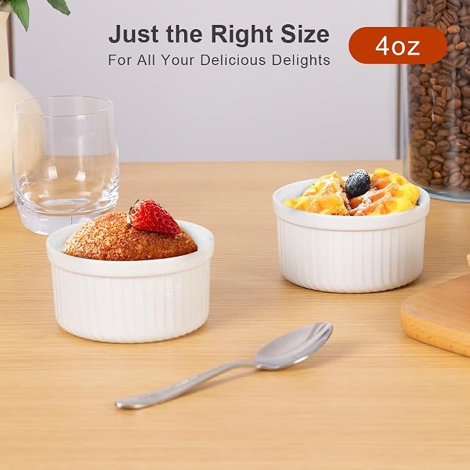 Yachi White Souffle Ramekins: 4oz 6 Pieces Ceramic Baking Ramekin Set Oven Safe Porcelain Bakeware Serving for Sauces Dipping Onion Soup Lava Cake Flan Creme Brulee Pudding Mini Custard