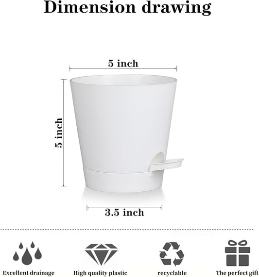 5 Pack 5 Inch African Violet Pots Self Watering, Self-Watering Planters with Drainage Holes & Reservoir, White Plastic Pots for Indoor Outdoor Plants, Succulents & Flowers