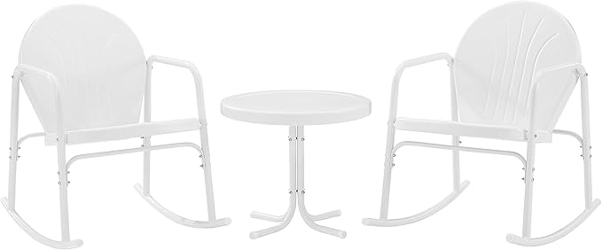 Crosley Furniture Griffith 3-Piece Outdoor Rocking Chair and Side Table Set, Retro Metal Bistro Patio Sets, White Gloss and White Satin