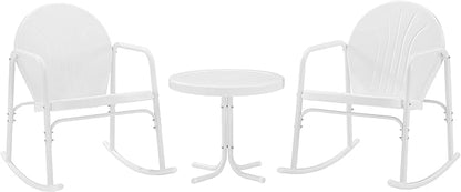 Crosley Furniture Griffith 3-Piece Outdoor Rocking Chair and Side Table Set, Retro Metal Bistro Patio Sets, White Gloss and White Satin