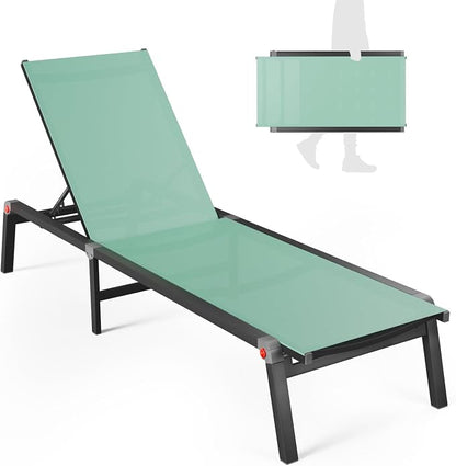 Patio Lounge Chair, Aluminum Foldable 5-Position,1 Pack,Green | Lightweight rustproof aluminum. Breathable quick-dry fabric. Full flat recline for sunbathing. Poolside, deck, beach, lawn.
