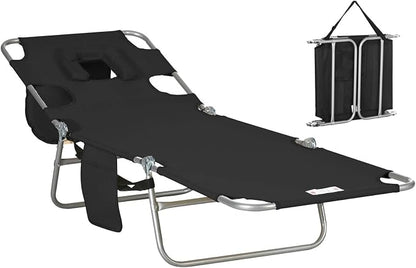 Sun Tanning Chair with Face Hole, Heavy Duty Adjustable 5-Position Folding Laying Out Chairs for Tanning, Beach Lounge Chairs for Adults for Outdoor Sunbathing Patio Pool Lawn (Black 3)
