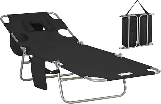 Sun Tanning Chair with Face Hole, Heavy Duty Adjustable 5-Position Folding Laying Out Chairs for Tanning, Beach Lounge Chairs for Adults for Outdoor Sunbathing Patio Pool Lawn (Black 3)