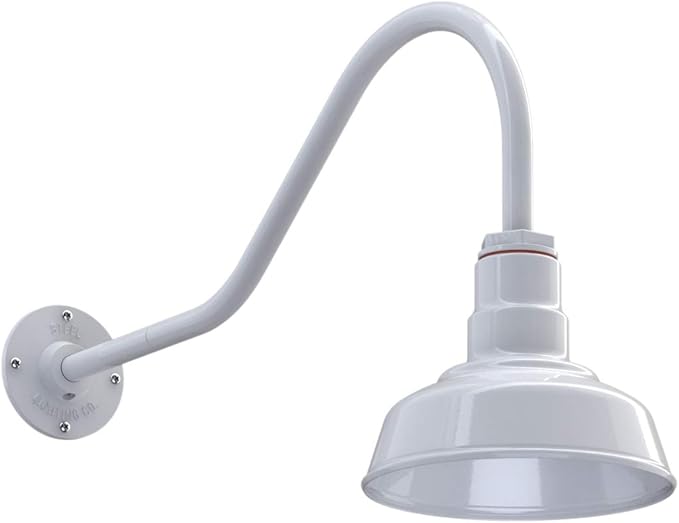 Steel Lighting Co. | Dusk to Dawn | Hawthorne Barn Light | Outdoor Wall Mounted | 8 in Dome | 23 inch Gooseneck| Small Farmhouse Light Made in America | White Exterior/White Interior