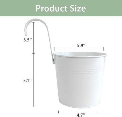 Pack of 4 Hanging Flower Pots, 6" White Metal Balcony Planters for Herb Succulent, Samll Railing Fence Hanging Bucket for Outdoor/Indoor Decoration (White, Pack of 4)