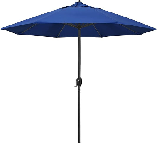 California Umbrella 9' Rd Aluminum Patio Umbrella, Crank Lift, Auto Tilt, Black Finish, 4yr Fade Warranty, Pacific Blue