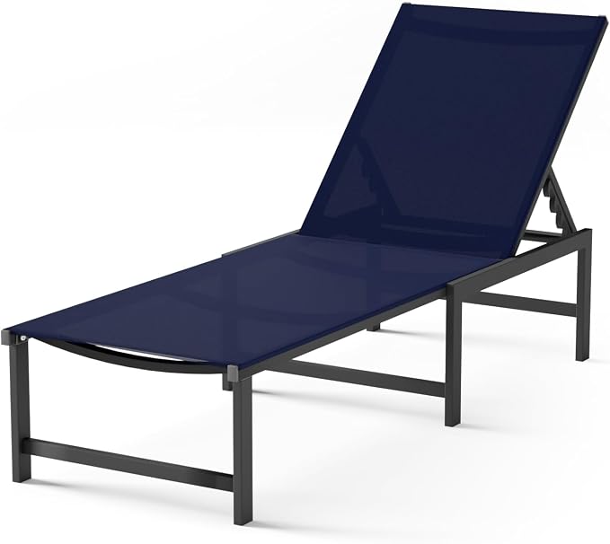 Patio Lounge Chair, Aluminum,5 Adjustable Backrest,1 Piece,NavyBlue | Lightweight rustproof aluminum.5 adjustable backrest positions.Breathable quick-dry fabric.For poolside,beach,lawn,backyard.