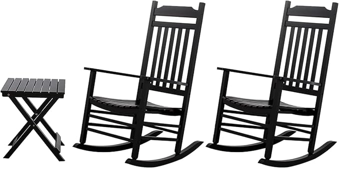 Patio Outdoor Rocking Chairs Small Foldable Side Table Set of 3 Piece Porch Wooden Rockers Folding End Table Furniture Indoor Outside Balcony Lawn and Bistro, Black