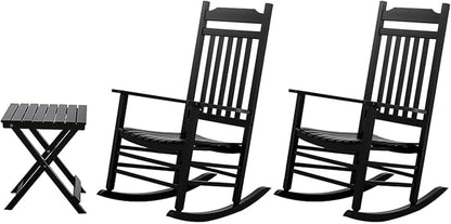 Patio Outdoor Rocking Chairs Small Foldable Side Table Set of 3 Piece Porch Wooden Rockers Folding End Table Furniture Indoor Outside Balcony Lawn and Bistro, Black