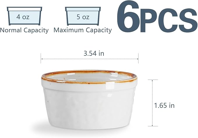 ONEMORE Ramekins 4 oz, Oven Safe Creme Brulee Ramekin Set of 6 for Baking, Speckled Ceramic Souffle Dishes with Brown Rim for Pudding Ice Cream, Porcelain Custard Cups Mini Bowls - Creamy White