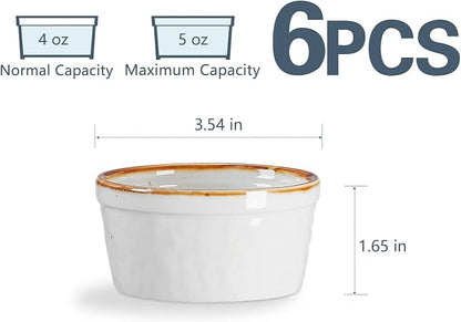 ONEMORE Ramekins 4 oz, Oven Safe Creme Brulee Ramekin Set of 6 for Baking, Speckled Ceramic Souffle Dishes with Brown Rim for Pudding Ice Cream, Porcelain Custard Cups Mini Bowls - Creamy White