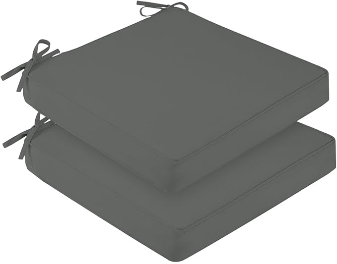 downluxe Waterproof Outdoor Chair Cushions for Patio Furniture, 22" x 22" x 3" Patio Chair Cushion with Non-Slip Ties & Portable Handle, Square Outdoor Cushion with Removable Cover, Dark Grey, 2 Pack