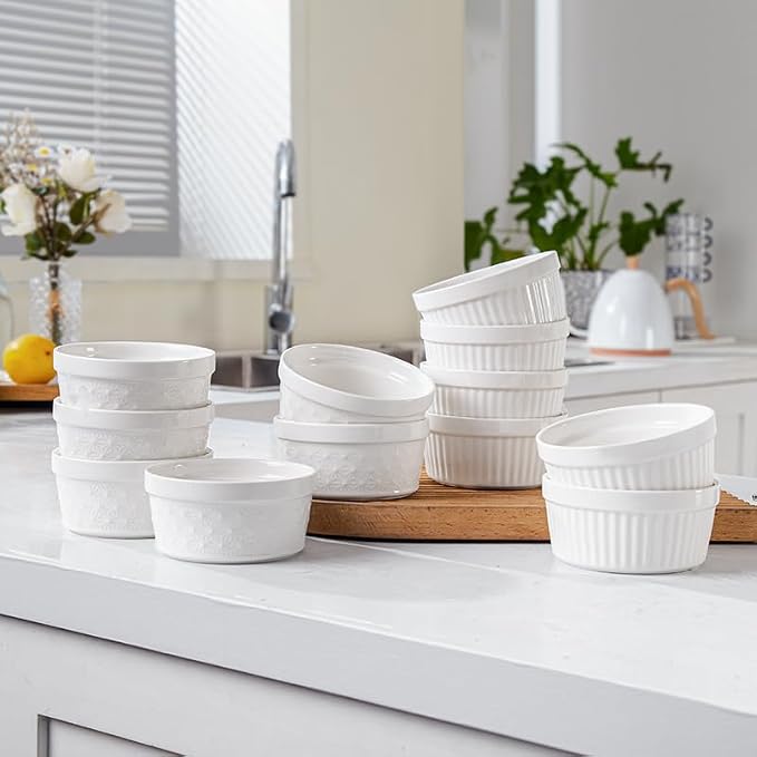 8 oz Creme Brulee Ramekins Oven Safe - Ceramic Baking Bowls Set of 6, Porcelain Souffle Dish, White Snowflake Baking Bowls for Dessert, Pudding, Pie, Tart, Custard, Dipping Sauces