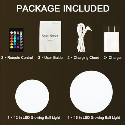 12-in LED Glowing Ball Light, Rechargeable LED Globe Orb Light w/Remote (1PC) and 16-in Cordless LED Globe Orb Night Light, 16 RGB Colors Changing Waterproof Light Up Ball w/Remote (1PC)