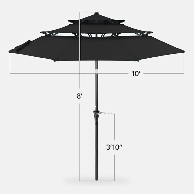 Best Choice Products 10ft 3-Tier Market Patio Umbrella, Outdoor Sun Shade with Tilt, Crank Lift, 8 Ribs for Backyard, Deck, Poolside – Black