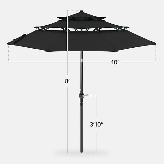 Best Choice Products 10ft 3-Tier Market Patio Umbrella, Outdoor Sun Shade with Tilt, Crank Lift, 8 Ribs for Backyard, Deck, Poolside – Black