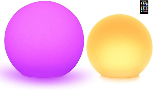 Mr.Go 16-inch LED Ball Light and 14-inch LED Ball Light Bundle, Remote Control, 16 RGB Colors 4 Modes, Dimmable, Rechargeable, Waterproof, Great as Night Light Mood Lamp Ambient Lighting Decorations