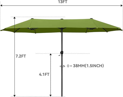 GREEN PARTY 13ft Rectangle Patio Umbrella, Double Sided Outdoor Table Umbrella with Crank & 1.5" Pole, Large Market Umbrella for Poolside Garden Deck Backyard, Lime