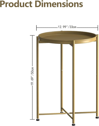 Garden 4 you Small Side Table, Gold Mini Round End Table, Tray Table with Metal Frame, Modern Nightstand for Living Room, Bedroom, Patio, Small Space, 1PCS