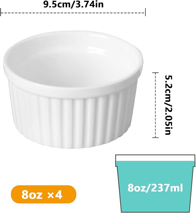 Cinf Porcelain 8 oz Ramekin White Set of 4 Pudding Bowls Dishes Cup for Baking,Souffle Cups Dishes, Creme Brulee, Custard Cups, Desserts, Oven, Microwave, Freezer and Dishwasher Safe