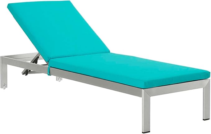 Modway Shore Aluminum Outdoor Patio Two Poolside Chaise Lounge Chairs with Cushions and Side End Table in Silver Turquoise