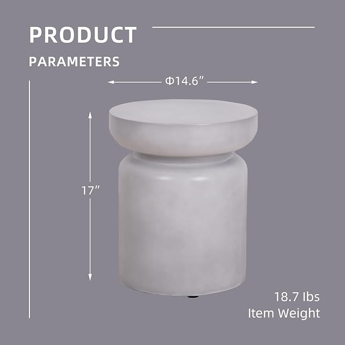 Afterglow Terrafab Concrete Look Side Table End Table Natural Decorative Garden Stools for Living Room Bedroom Patio Home Decor, Size: Ф14.6”* 17”H, Grey