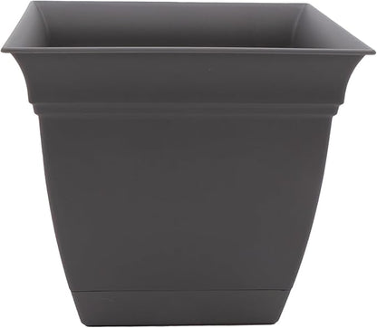 The HC Companies Eclipse Square Plastic Planter w/ Attached Saucer - Outdoor & Indoor Plant Pot with Drainage Holes - Lightweight, UV-Resistant Plastic Pots For Plants (12" Warm Gray, Pack of 1)