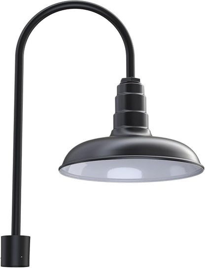 Steel Lighting Co. Topanga Barn Light | Outdoor Pole Top Mounted | 14" Dome | Upslope Gooseneck with Slip Fitter for 2-3/8" Standard Poles | Made in America | Matte Black Exterior/White Interior