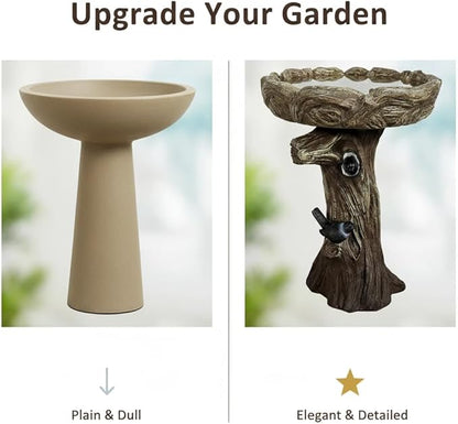 SunJet 23 Inch High Wood-Look Concrete Bird Bath with Decorative Faux Bird – Birdbath Rustic & Long-Lasting Design, Enhances Garden, Patio, Yard, Lawn Decor