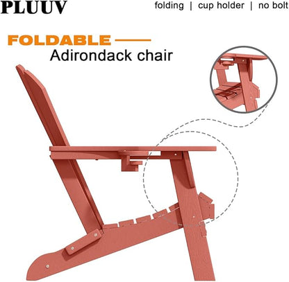 Folding Adirondack Chair with Cup Holders Set of 2, HDPE Plastic Outdoor Chairs, Weather Resistant, Real Wood Look for Patio, Deck, Fire Pit, Backyard, Coral