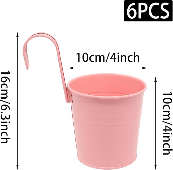 6 Pcs Hanging Flower Pots with Detachable Hooks,Metal Iron Bucket Planter for Railing,Fence,Balcony Garden Decor,4INCH,Pink