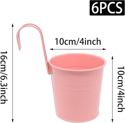 6 Pcs Hanging Flower Pots with Detachable Hooks,Metal Iron Bucket Planter for Railing,Fence,Balcony Garden Decor,4INCH,Pink