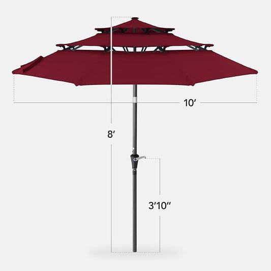 Best Choice Products 10ft 3-Tier Market Patio Umbrella, Outdoor Sun Shade with Tilt, Crank Lift, 8 Ribs for Backyard, Deck, Poolside – Burgundy