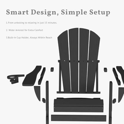 Folding Adirondack Chairs with Cup Holders, Set of 4 HDPE Plastic Outdoor Chairs, Weather Resistant, Real Wood Look, Heavy-Duty Patio Furniture for Deck, Fire Pit, Backyard, Black