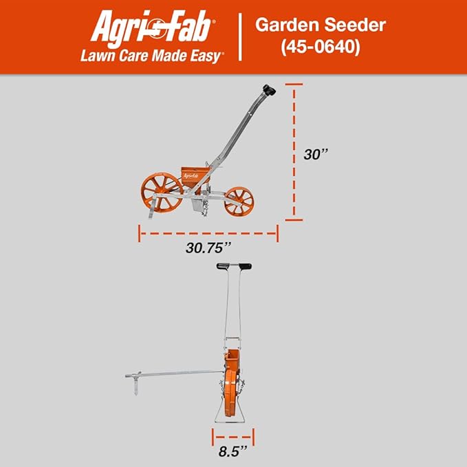 Agri-Fab 45-0640 3lb Push Garden Seeder/Planter with 7 Interchangeable Seed Plates for up to 20 Types of Seeds, Rust Resistant Plow Blade, Powder Coated Aluminum Frame, Orange