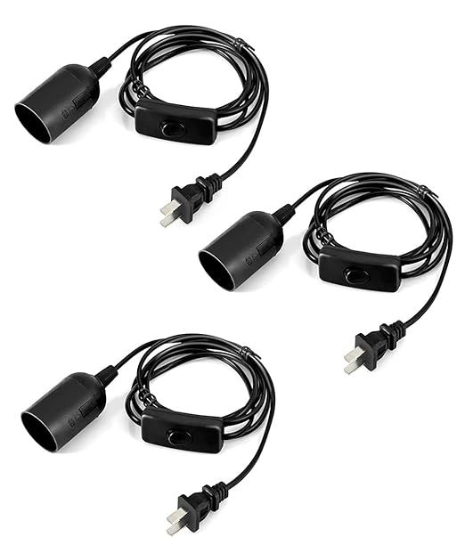 Extension Hanging Lantern Cord Cable, HESSION 5.9ft Lamp Cord -MAX 360W - On/Off Switch E26/E27 Black Pendant Lighting with Plug-in Cord 3-Pack