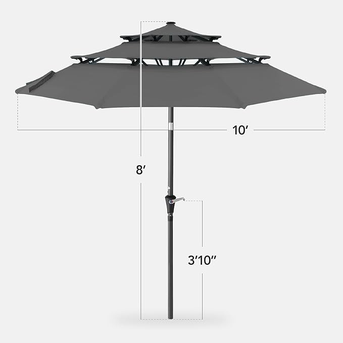 Best Choice Products 10ft 3-Tier Market Patio Umbrella, Outdoor Sun Shade with Tilt, Crank Lift, 8 Ribs for Backyard, Deck, Poolside – Gray