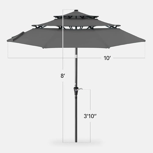 Best Choice Products 10ft 3-Tier Market Patio Umbrella, Outdoor Sun Shade with Tilt, Crank Lift, 8 Ribs for Backyard, Deck, Poolside – Gray