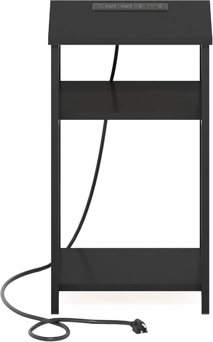 Furinno Moretti Side Table, 3-Tier Modern End Table with Charging Station, Metal Frame Night Stand, Bedside Table with USB and Type-C Port, for Living Room, Bedroom, Americano