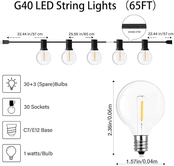 65FT LED Globe String Lights,Waterproof Hanging String Light with 30 Warm White Shatterproof G40 Bulbs(3 Spare), for Indoor/Outdoor Commercial Decor (65FT)
