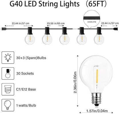 65FT LED Globe String Lights,Waterproof Hanging String Light with 30 Warm White Shatterproof G40 Bulbs(3 Spare), for Indoor/Outdoor Commercial Decor (65FT)