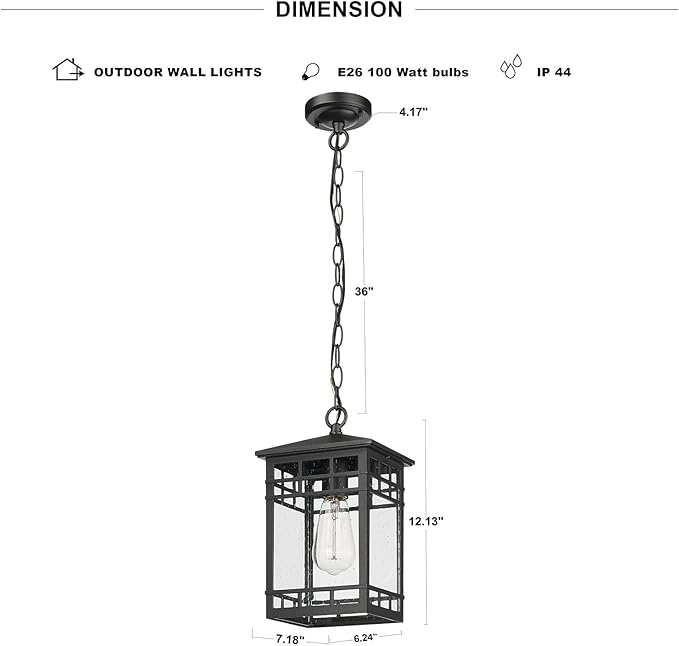 Treekee Outdoor Pendant Lighting, Hanging Lantern with Adjustable Chain, Exterior Hanging Porch Light in Black Finish with Seeded Glass, Outside Pendant Lamp for Front , Entry, Patio, Gazebo