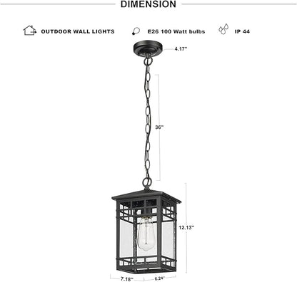 Treekee Outdoor Pendant Lighting, Hanging Lantern with Adjustable Chain, Exterior Hanging Porch Light in Black Finish with Seeded Glass, Outside Pendant Lamp for Front , Entry, Patio, Gazebo
