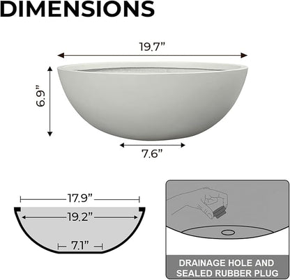 6.9" H x 19.7" D Round Bowl Fiberstone Planter for Succulent and Lotus with Drainage Hole, Smooth Finishes, Weather Resistant, Included 2 Extra Coco Mats (Light Gray, 17.9" Pot Opening)