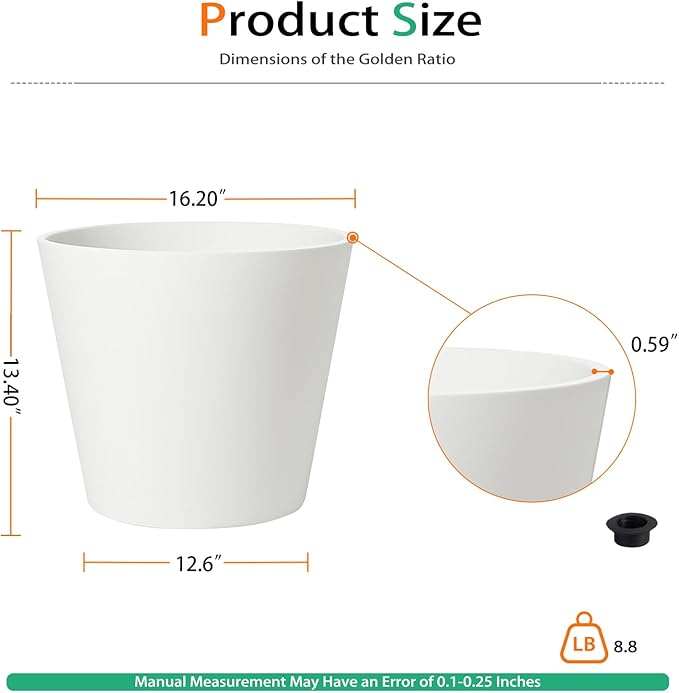 Wide Planters for Outdoor Plants, Extra Large Indoor Flower Pots for Garden, Front Porch, Patio - Round Resin Planter Set of 2 (White, 16 inch - 2 Pack)