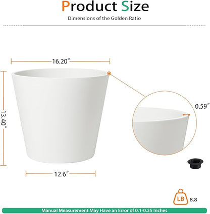 Wide Planters for Outdoor Plants, Extra Large Indoor Flower Pots for Garden, Front Porch, Patio - Round Resin Planter Set of 2 (White, 16 inch - 2 Pack)