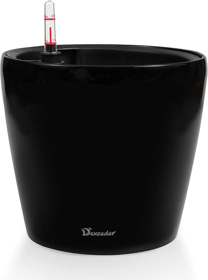 Dexceder 11x10 Inches High Gloss Self Watering Planter Indoor Outdoor, Inner Pot Design, Thickened Table Flower Plant Pot with Water Level Indicator (Black)