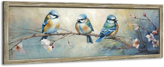 Colorful BlueBird Wooden Wall Art: Rustic Bird Framed Painting Vintage Sparrow Picture Cute Chickadee on Flower Branch Prints Countryside Artwork Decor for Living Room Bedroom Farmhouse