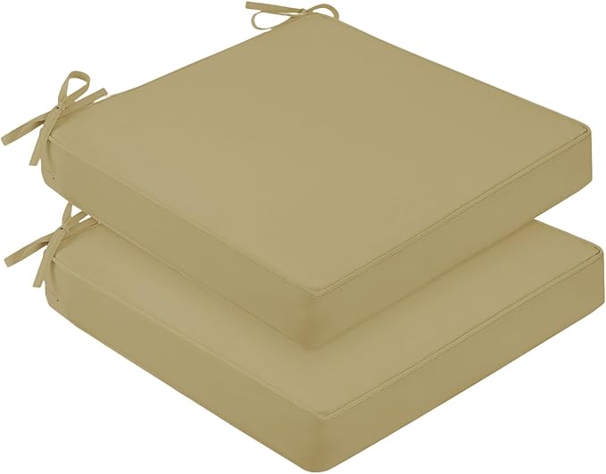 downluxe Waterproof Outdoor Chair Cushions for Patio Furniture, 22" x 22" x 3" Patio Chair Cushion with Adjustable Ties & Portable Handle, Square Outdoor Cushion with Removable Cover, Khaki, 2 Pack